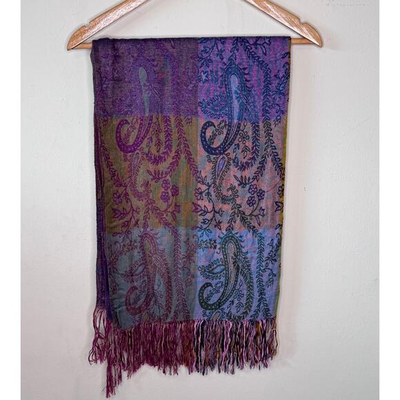 Chicos Two Sided Paisley Striped Fringe Scarf 100% Rayon - Picture 2 of 5